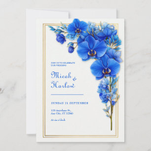 Invitation Mariage Orchidée Dorée Bleu Royal