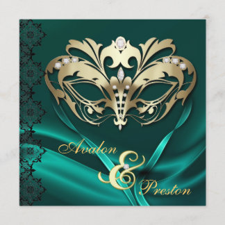 Invitation Mariage orné de bijoux turquoise de mascarade d'or
