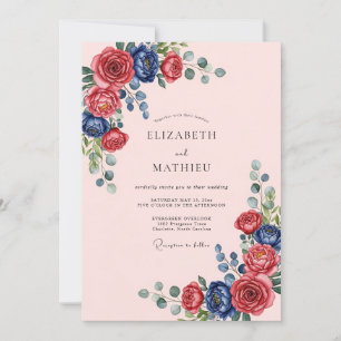 Invitation Mariage Orné de Rose Bleu Marine