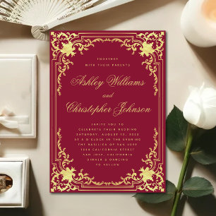 Invitation Mariage Orné Élégant Faux Or Bourgogne Vintage