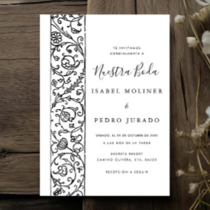Invitation Mariage Orné Floral Noir & Blanc Nuestra Boda