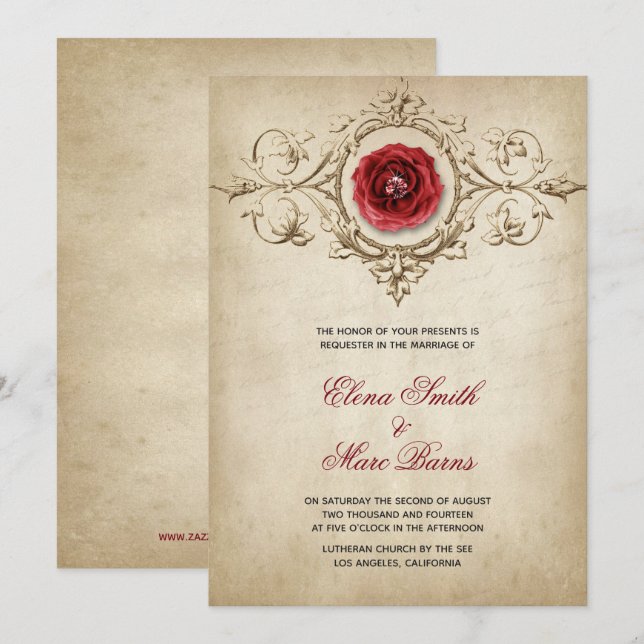 Invitation Mariage Ornement Rose Rouge Et Beige (Devant / Derrière)