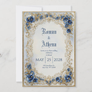 Invitation Mariage Ovale Orné Bleu Doré Victorien Luxueux