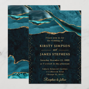 Invitation Mariage Pailleté Agate Bleu-vert et Or