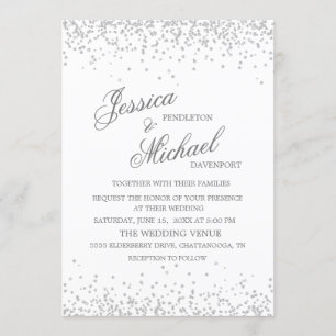 Invitation Mariage Pailleté Argent Élégant Blanc