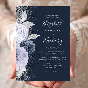 Invitation Mariage Pailleté Argent Fleur Navy Bleu Lilas