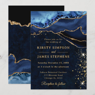 Invitation Mariage Pailleté Bleu et Or Élégant Agate