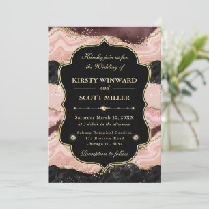 Invitation Mariage Pailleté de Marbre d'Agate Rose Élégant en