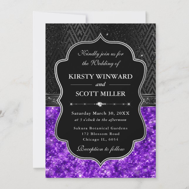 Invitation Mariage Pailleté Élégant Noir Argent Violet Sequin (Devant)