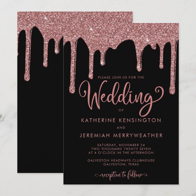 Invitation Mariage Pailleté Glamour Or Rose Noir Chic (Devant / Derrière)