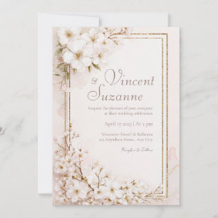 Invitation Mariage Pailleté Or Fleur Blanche Éthérée