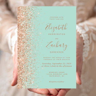 Invitation Mariage Pailleté Vert Menthe et Pêche