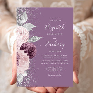 Invitation Mariage Paillettes Argent Mauve Floral