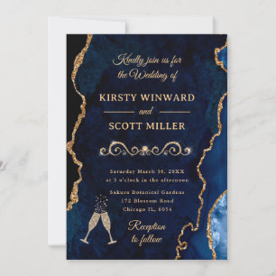 Invitation Mariage Paillettes Bleu et Or Agate & Marbre
