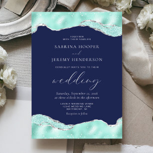 Invitation Mariage Paillettes de Feuille d'Argent Aqua Bleu M