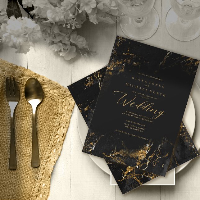 Invitation Mariage Paillettes de Marbre Noir Or ID644 (Créateur téléchargé)