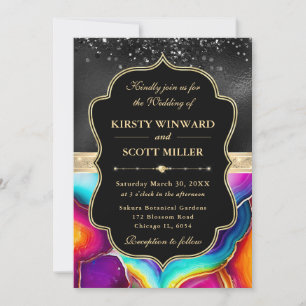 Invitation Mariage Paillettes Noires Agate Arc-en-ciel Élégan