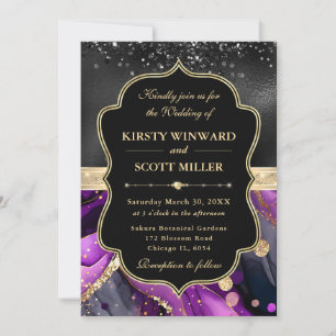 Invitation Mariage Paillettes Noires Agate Violette Élégante