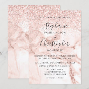 Invitation Mariage paillettes or rose marbre élégant