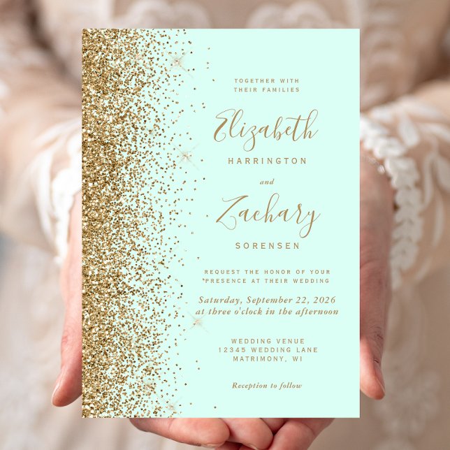 Invitation Mariage Paillettes Or Vert Menthe (Créateur téléchargé)