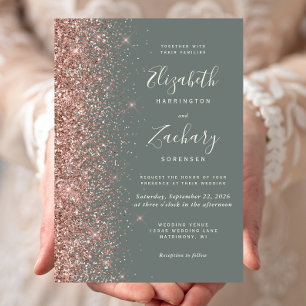 Invitation Mariage Paillettes Vert Sauge Profond et Or Rose