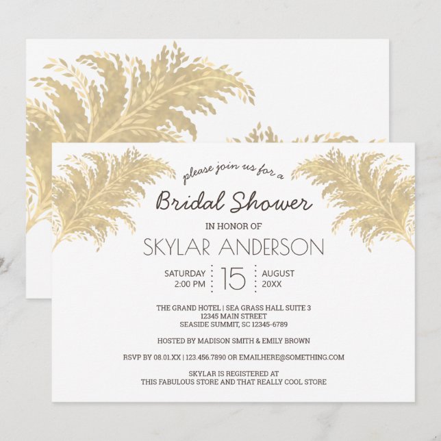 Invitation Mariage Pampas Tan Grass Sur Fête des mariées Blan (Devant / Derrière)