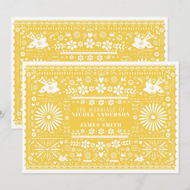 Invitation Mariage Papier Jaune Blanc Picado Mexicain (Devant / Derrière)