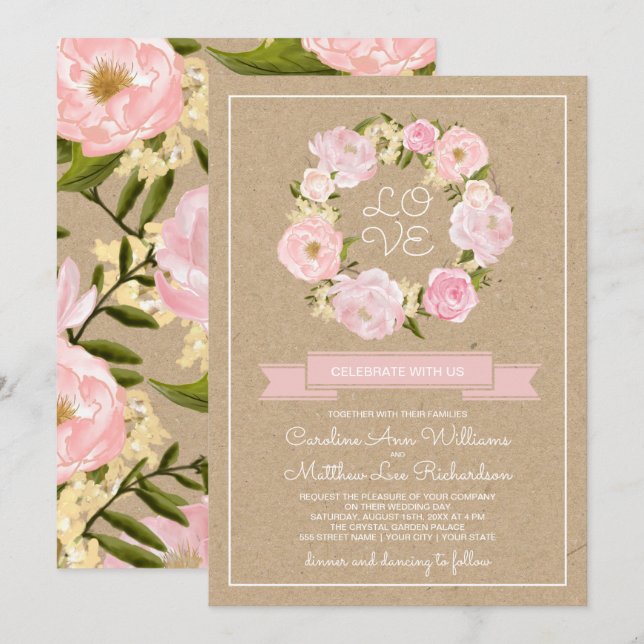 Invitation Mariage papier Kraft Pony rose pâle (Devant / Derrière)