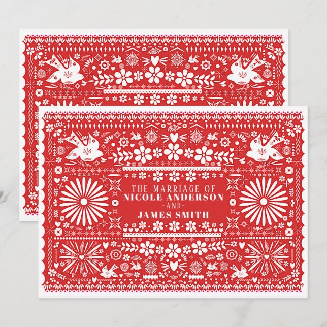 Invitation Mariage Papier Rouge & Blanc Picado Mexicain (Devant / Derrière)