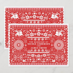 Invitation Mariage Papier Rouge et Blanc Picado Mexicain