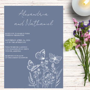 Invitation Mariage Papillon Bleu Poussiéreux Moderne & Blanc