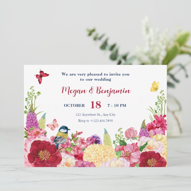 Invitation Mariage papillon d'oiseau fleuri (Debout devant)