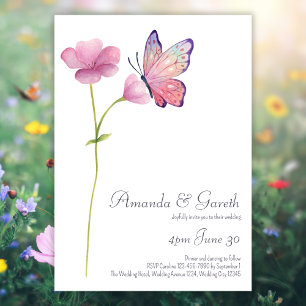Invitation Mariage papillon Fleur sauvage rose aquarelle