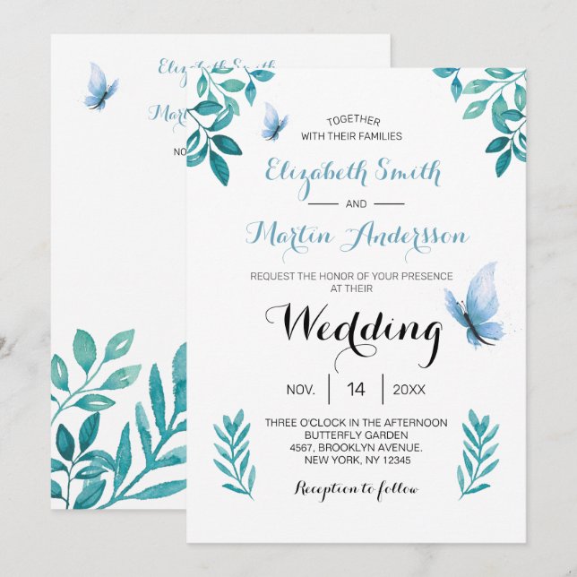 Invitation Mariage papillon floral bleu aquarelle doux (Devant / Derrière)
