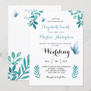 Invitation Mariage papillon floral bleu aquarelle doux