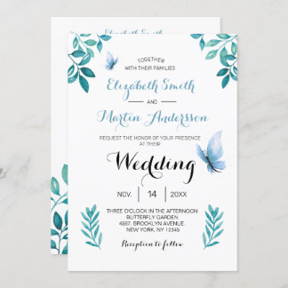 Invitation Mariage papillon floral bleu aquarelle doux