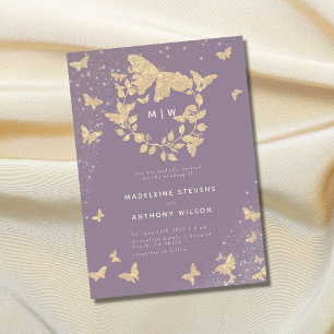 Invitation Mariage papillon Lilac Or Monogrammes Élégant