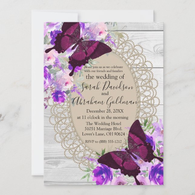 Invitation Mariage Papillon Papillons Dentelle Bois Blanc (Devant)