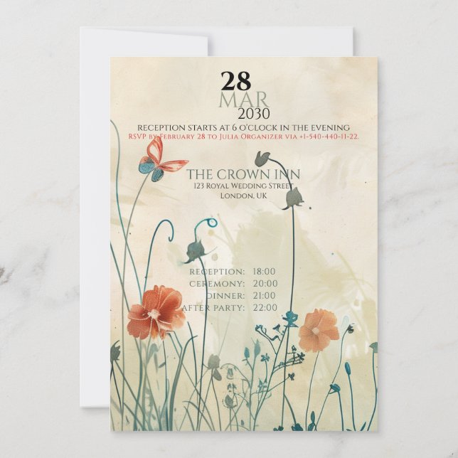 Invitation Mariage papillon pastoral (Dos)