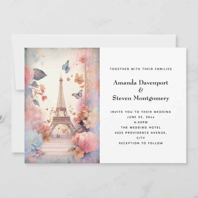 Invitation Mariage Papillons et Fleurs de la Tour Eiffel (Devant)