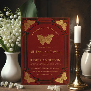 Invitation Mariage papillons vintage élégant rouge et or