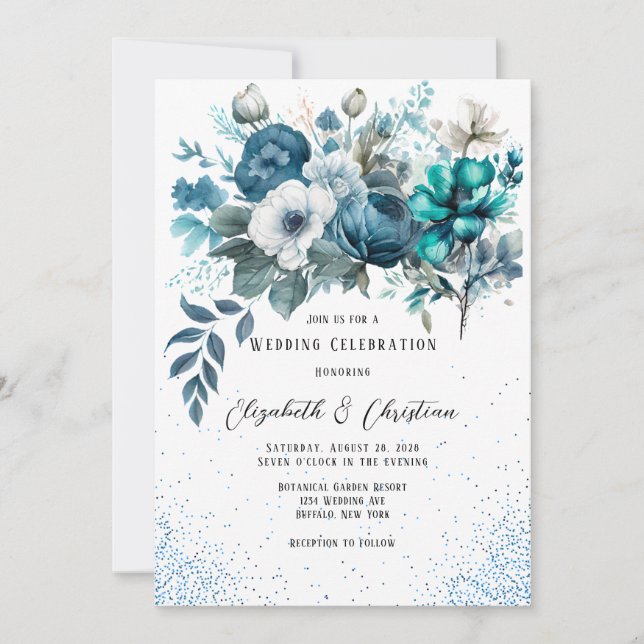 Invitation Mariage Parties scintillant  Peony bleu et Turquoi (Devant)
