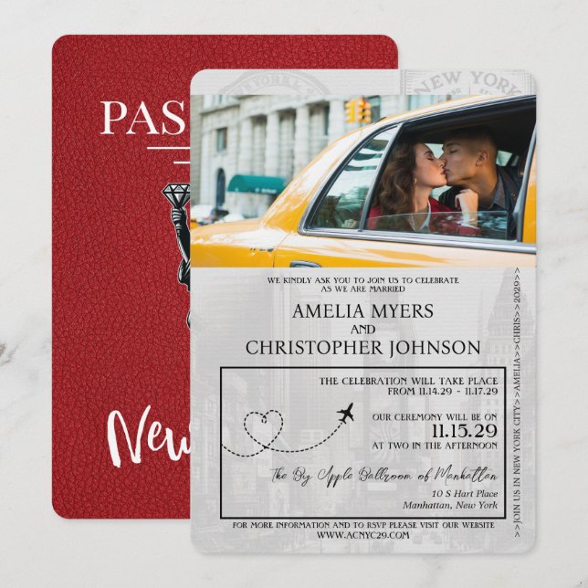Invitation Mariage Passeport Rouge New York City (Devant / Derrière)