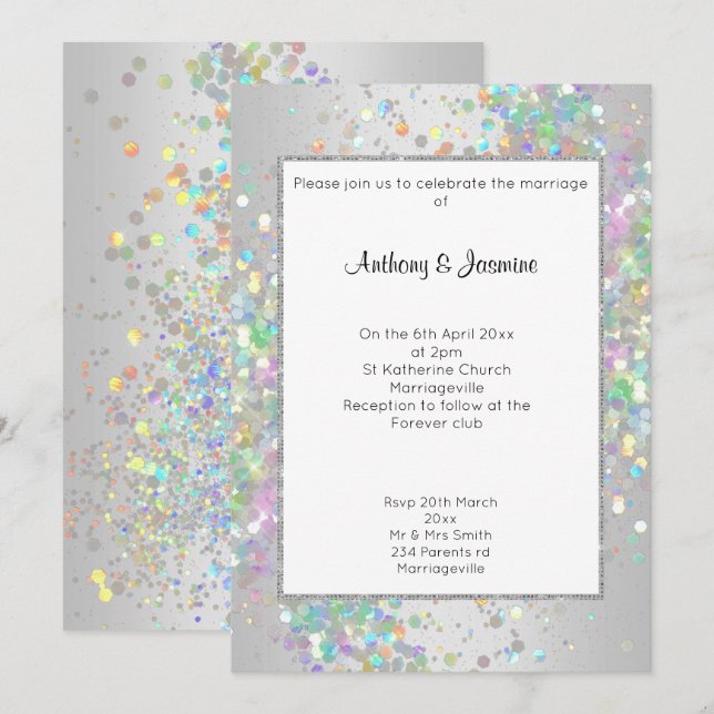 Invitation Mariage PASTEL HOLOGRAPHIQUE BLANC EN ARGENT ÉLÉGA (Devant / Derrière)