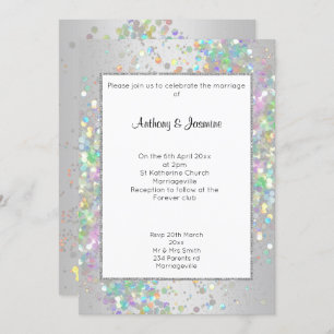 Invitation Mariage PASTEL HOLOGRAPHIQUE BLANC EN ARGENT ÉLÉGA
