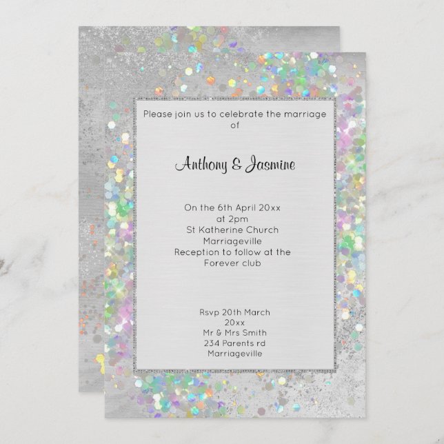 INVITATION MARIAGE PASTEL HOLOGRAPHIQUE EN MARBRE D'ARGENT BR (Devant / Derrière)