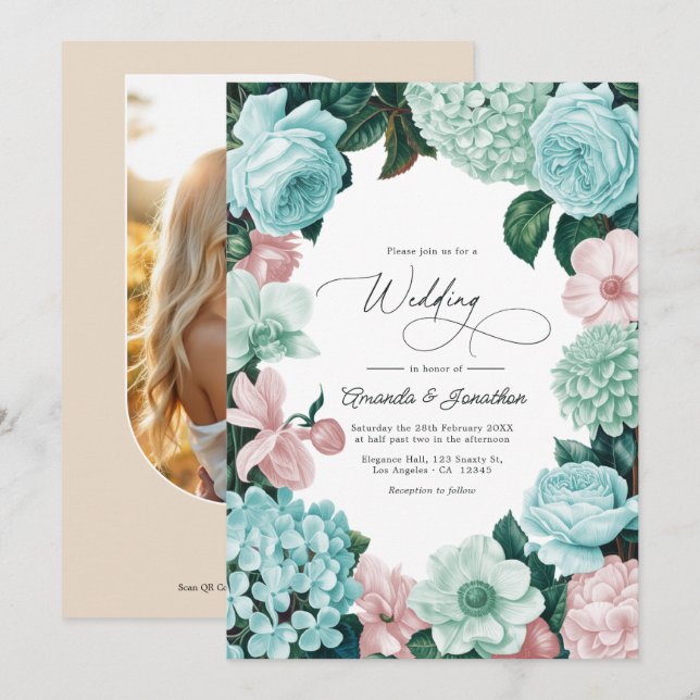 Invitation Mariage Pastel Mint, Seafoam et Rose Coquillage (Devant / Derrière)