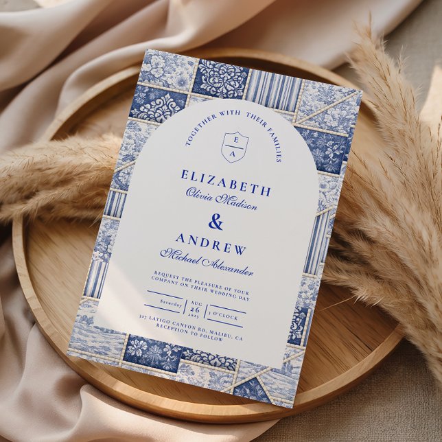 Invitation Mariage Patchwork Toile Bleu de Delft (Créateur téléchargé)