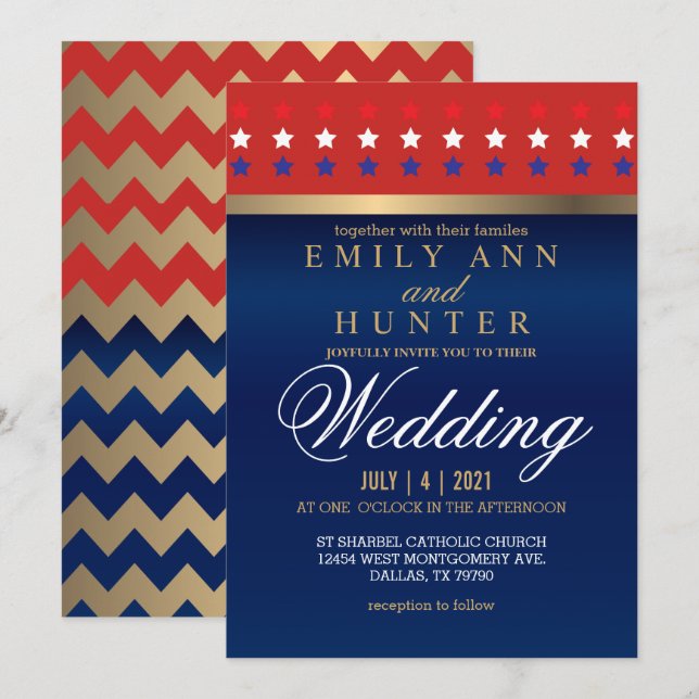 Invitation Mariage patriotique rouge, blanc et bleu (Devant / Derrière)