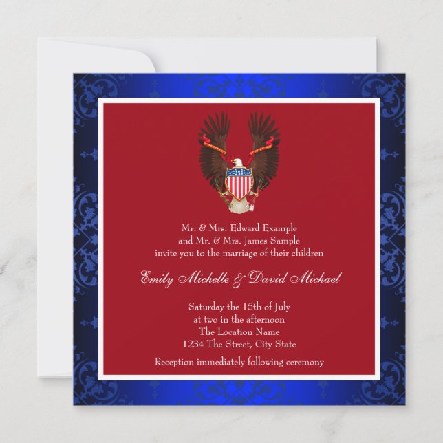 Invitation Mariage patriotique rouge, blanc et bleu (Devant)